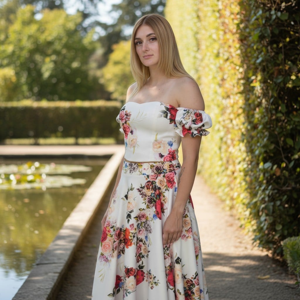 Kobieta w dwuczęściowym komplecie z kwiecistym wzorem, pozująca na tle parku z oczkiem wodnym i żywopłotem. Ubiór w stylu retro, jasne kolory, naturalne światło.