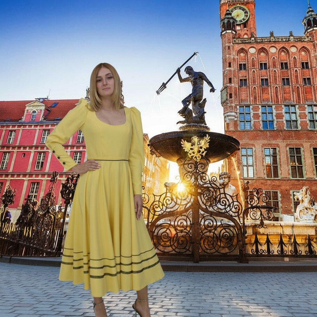 Kobieta w żółtej sukience retro na tle fontanny Neptuna w Gdańsku. Sukienka z długim rękawem, dopasowana w talii, rozkloszowana. Stylizacja vintage.