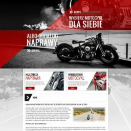 Projekt strony internetowej dla firmy motocyklowej Wild Bikers, z czarno-białym zdjęciem klasycznego motocykla na tle mostu i płomieni, oraz czerwonymi akcentami kolorystycznymi i hasłami reklamowymi.