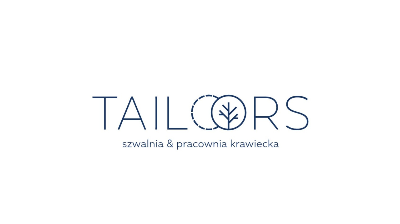 Minimalistyczne logo 'TAILORS szwalnia & pracownia krawiecka' w odcieniach niebieskiego, z symbolem drzewa wkomponowanym w literę O.