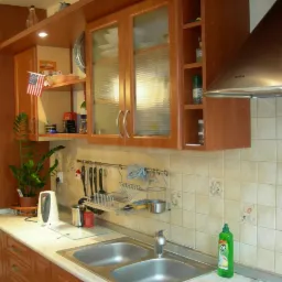 Kuchnia z drewnianymi szafkami, wzorzystymi płytkami ściennymi, dwukomorowym zlewem i okapem Amica, uzupełniona rośliną doniczkową i amerykańską flagą na półce.