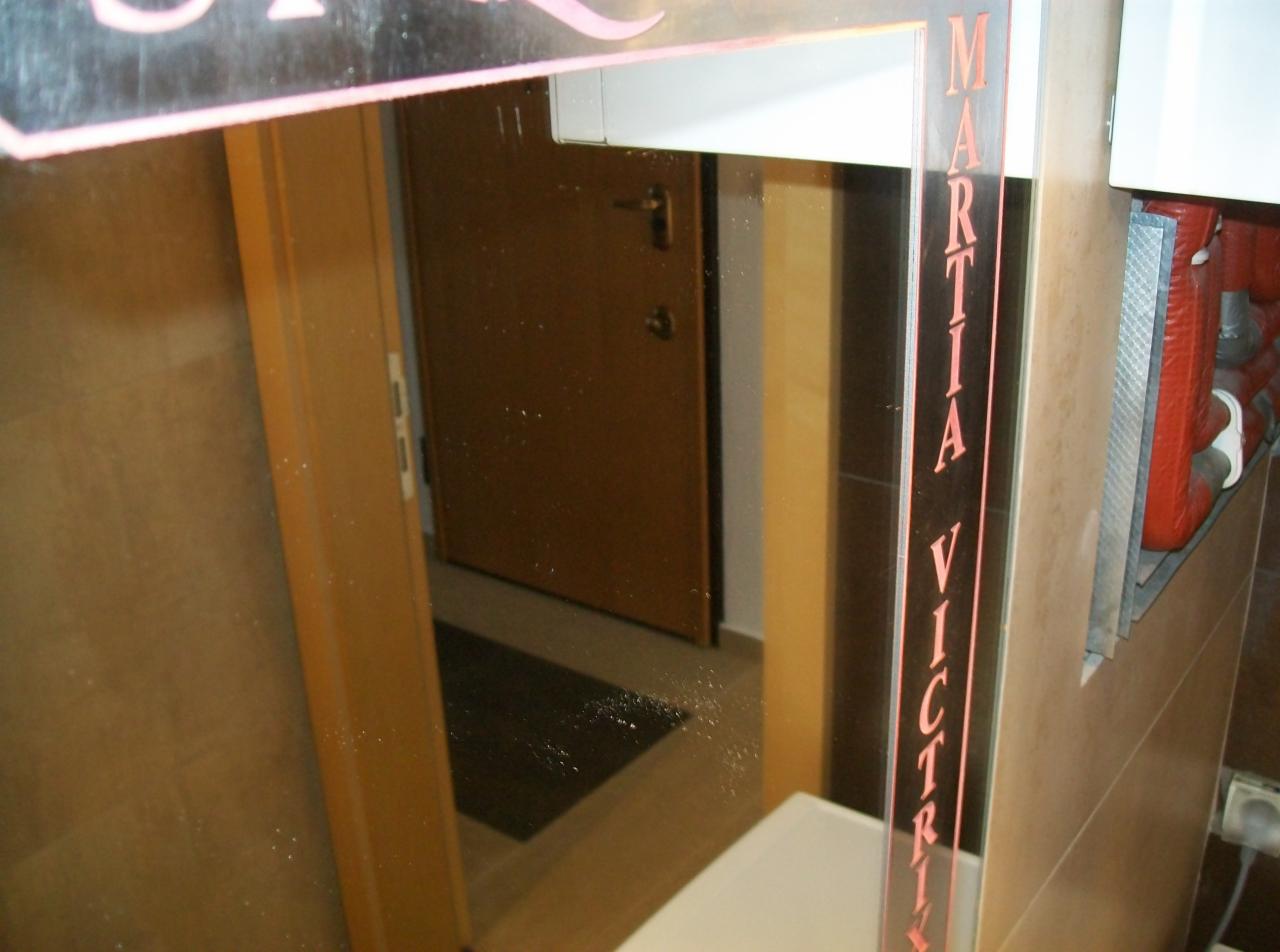 Odbicie drzwi i fragmentu łazienki w lustrze z napisem 'MARTIA VICTRIA' w pionie, widoczny grzejnik na ścianie z płytek.