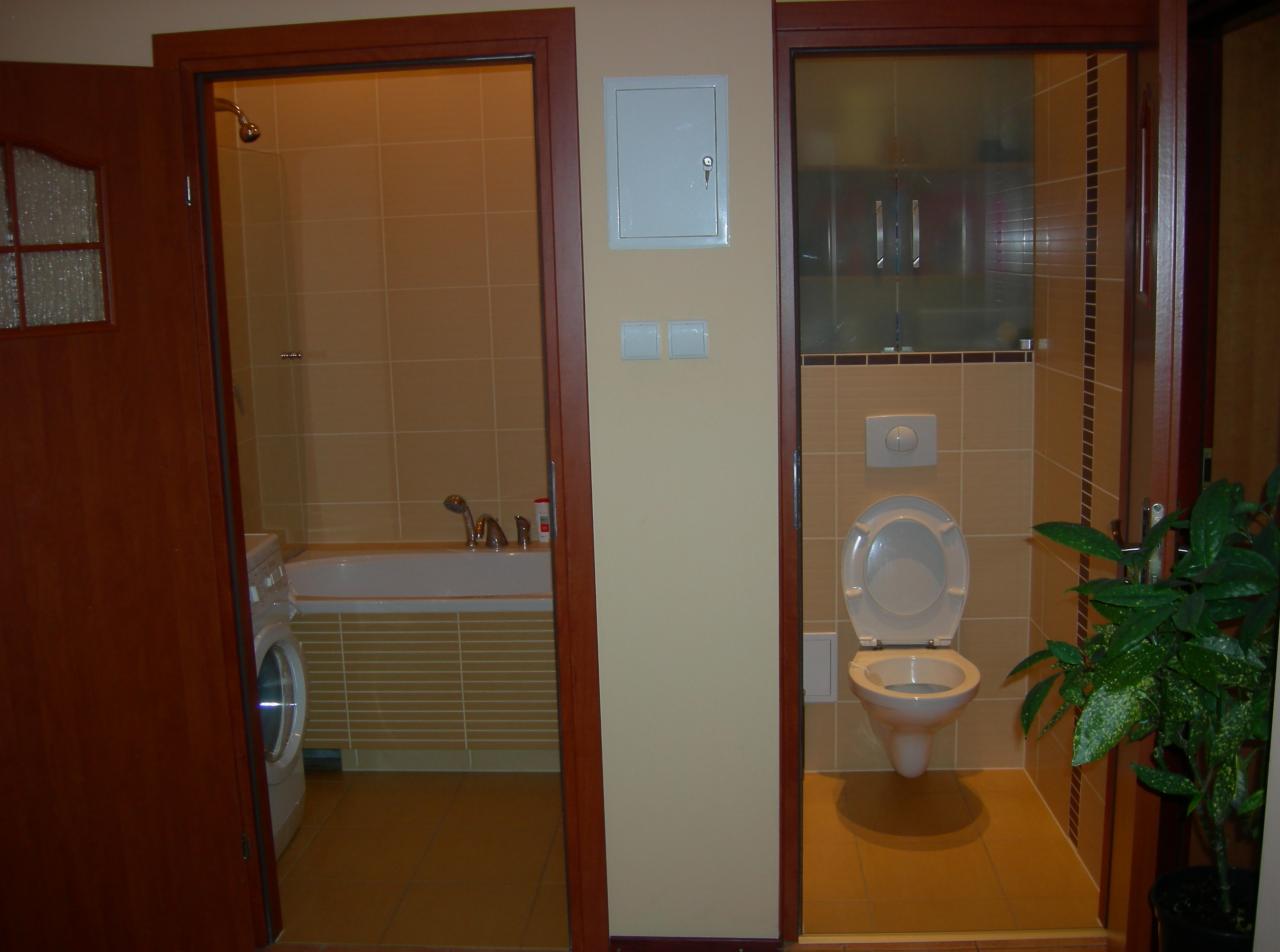 Dwa odrębne pomieszczenia łazienkowe widoczne z perspektywy korytarza: po lewej wanna z pralką, po prawej toaleta z rośliną doniczkową, oba wykończone beżowymi płytkami i drewnianymi futrynami.