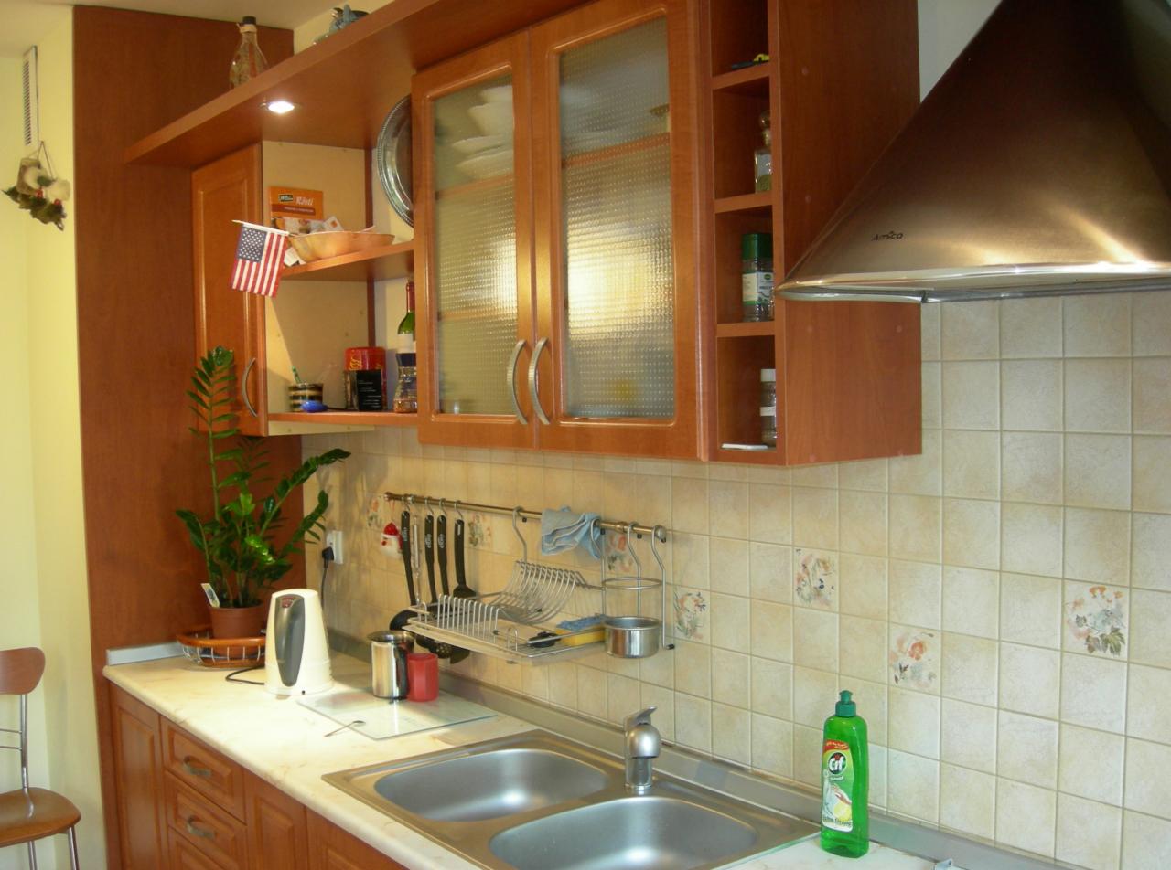 Kuchnia z drewnianymi szafkami, wzorzystymi płytkami ściennymi, dwukomorowym zlewem i okapem Amica, uzupełniona rośliną doniczkową i amerykańską flagą na półce.