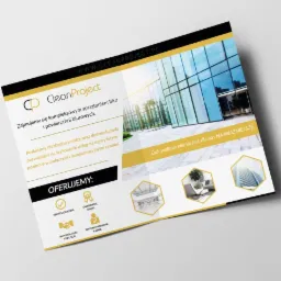 Elegancka ulotka reklamowa firmy sprzątającej CleanProject, prezentująca biurowiec z przeszkloną fasadą oraz symbole profesjonalizmu, gwarancji usług, indywidualnego podejścia i wykwalifikowanej...
