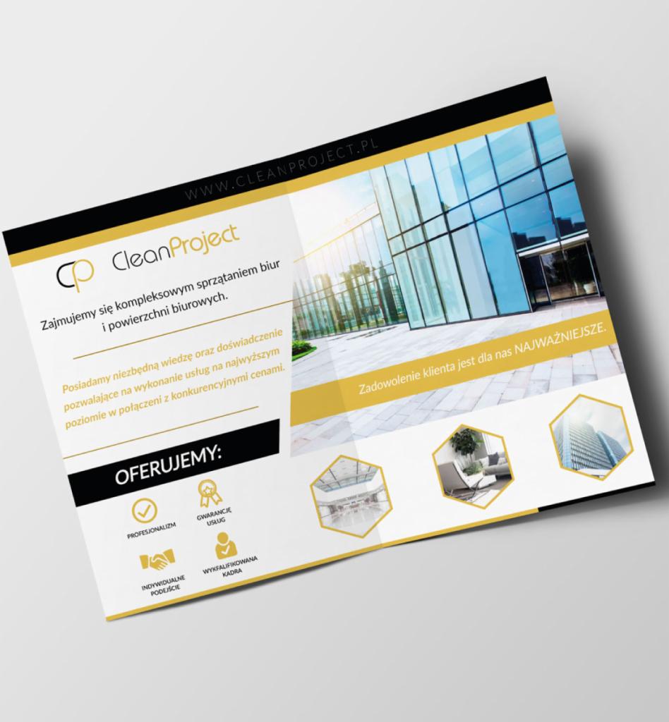 Elegancka ulotka reklamowa firmy sprzątającej CleanProject, prezentująca biurowiec z przeszkloną fasadą oraz symbole profesjonalizmu, gwarancji usług, indywidualnego podejścia i wykwalifikowanej...