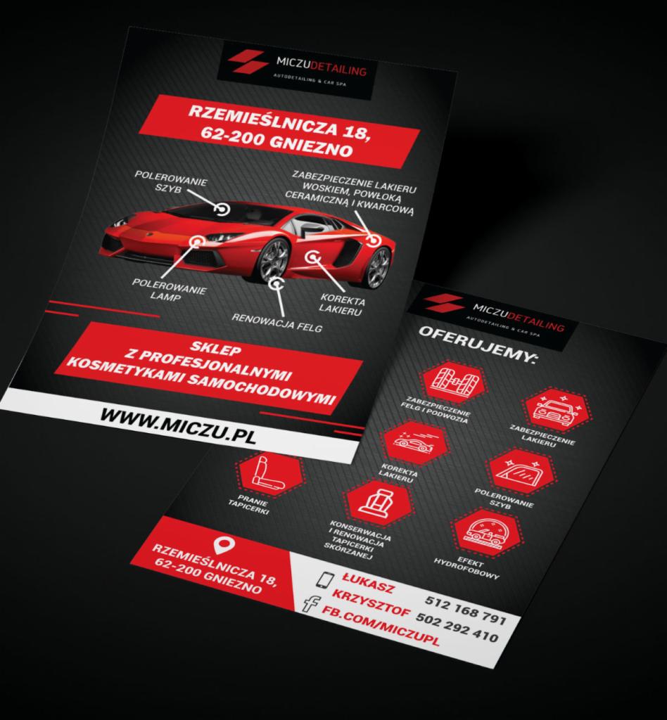 Ulotka reklamowa firmy detailingowej MiczuDetailing z Gniezna, prezentująca usługi takie jak polerowanie szyb i lamp, korekta lakieru, renowacja felg, zabezpieczenie lakieru woskiem i powłoką...