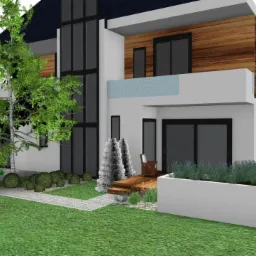 Wizualizacja nowoczesnego domu z drewnianą elewacją, dużymi oknami, tarasem z drewnianymi schodami i minimalistycznym ogrodem z trawnikiem, ścieżką z jasnych kamieni, kulistymi krzewami...