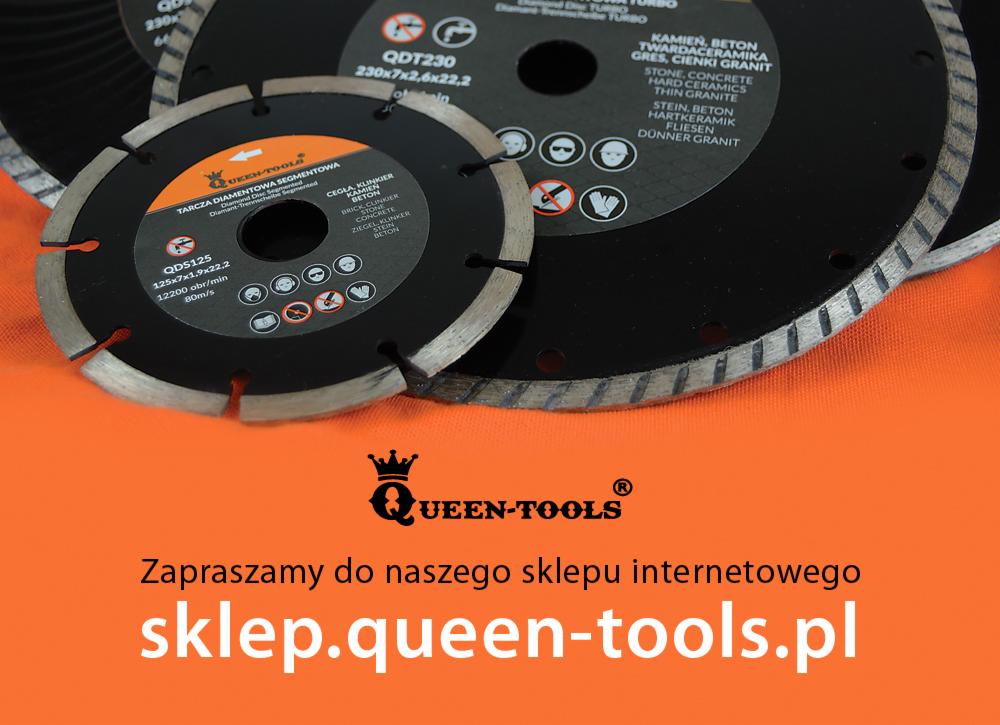 Zestaw tarcz diamentowych Queen-Tools do cięcia cegły, betonu, kamienia i ceramiki, z widocznymi oznaczeniami parametrów i piktogramami bezpieczeństwa, na pomarańczowym tle z logo sklepu...