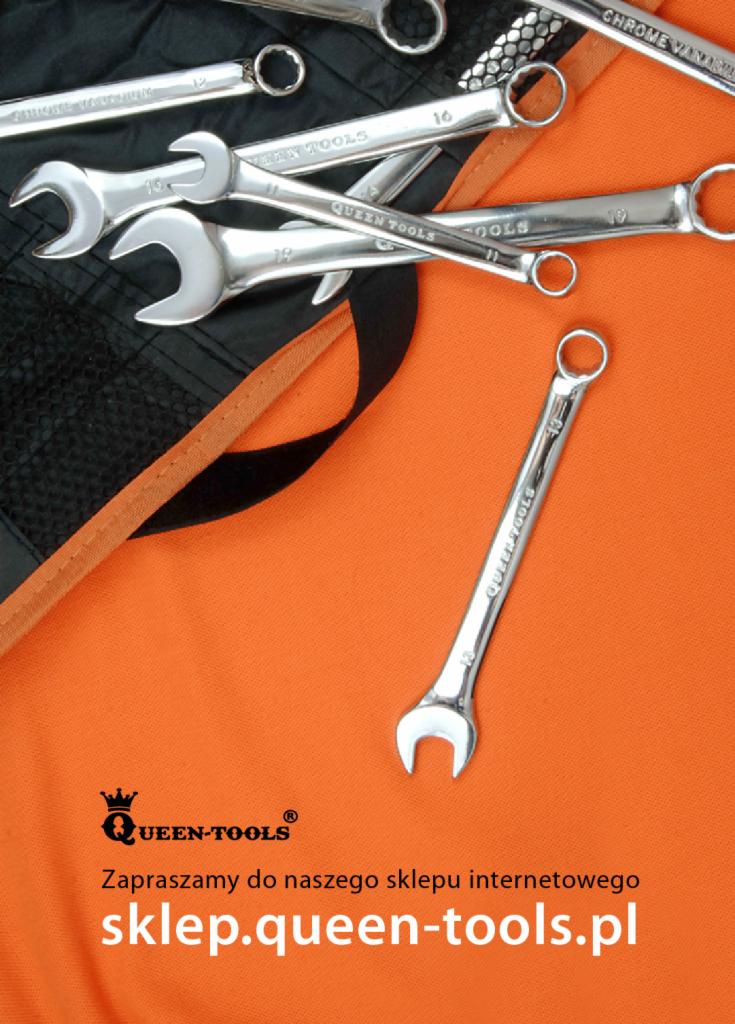 Klucze płasko-oczkowe Queen Tools różnych rozmiarów, leżące na pomarańczowym i czarnym tle, widoczne logo sklepu internetowego.