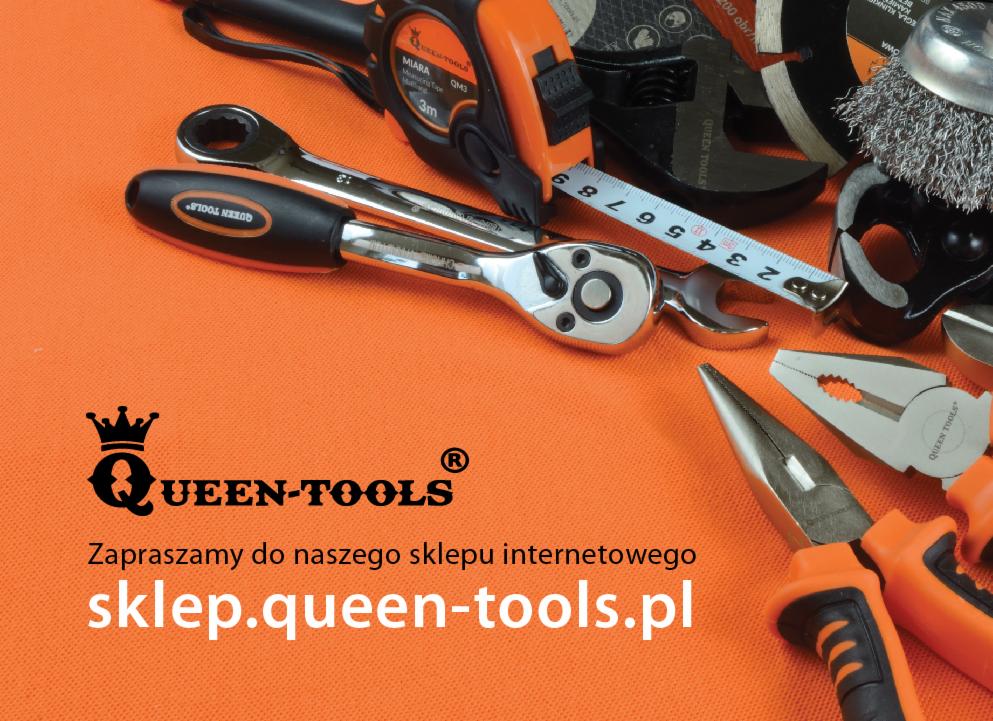 Zestaw narzędzi Queen-Tools na pomarańczowym tle, zawierający klucz z grzechotką, miarę zwijaną, szczypce i tarcze do cięcia, z widocznym logo i adresem sklepu internetowego