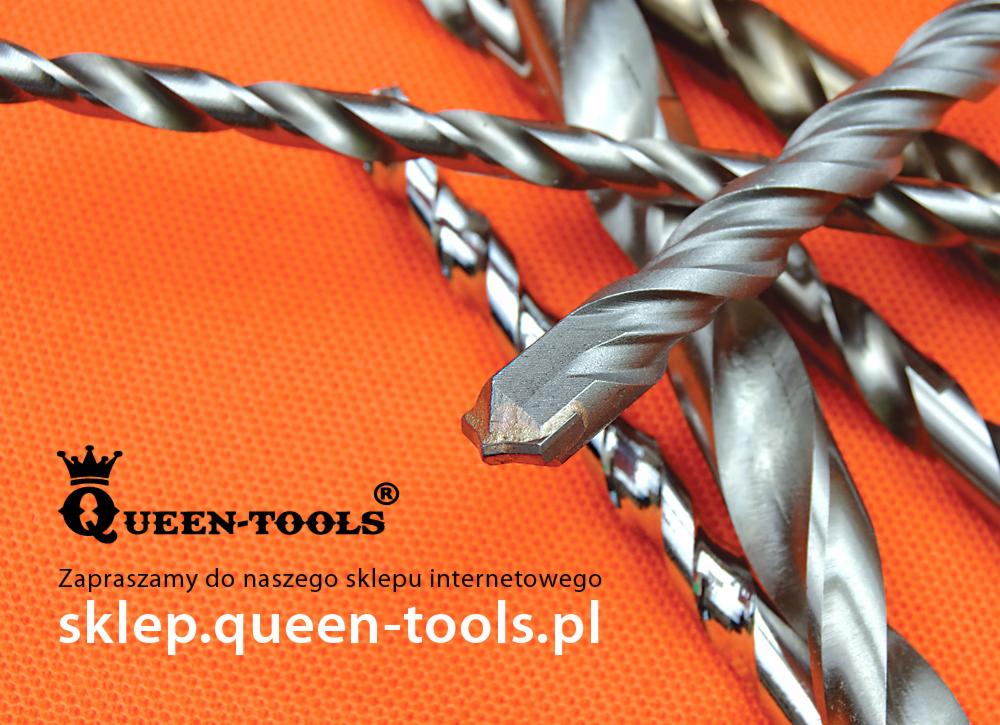Wiertła do betonu z widocznym logo Queen-Tools i adresem sklepu internetowego na pomarańczowym tle.