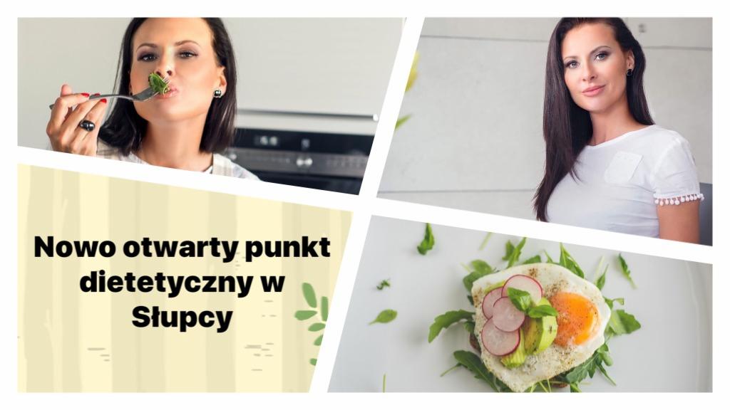 Kompozycja z czterech kadrów: kobieta je brokuła, portret kobiety w białej koszulce, napis o nowo otwartym punkcie w Słupcy, jajko sadzone z rzodkiewką i awokado na talerzu.