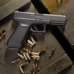 Czarny pistolet Glock z amunicją i słuchawkami taktycznymi leżący na otwartym, wojskowym pudełku na amunicję.