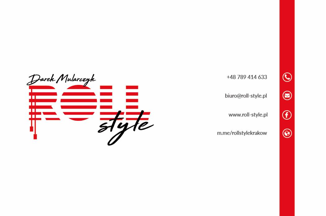 Wizytówka firmy z Krakowa o nazwie Roll Style z numerem telefonu, adresem e-mail i odnośnikami do mediów społecznościowych. Logo firmy w kolorze czerwonym, częściowo przypominające roletę.
