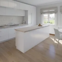 Jasna kuchnia z białymi szafkami, drewnianym blatem na wyspie i okrągłym stołem z białymi krzesłami, widok na ogród przez okno.