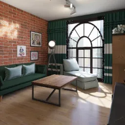 Salon w stylu loft z ceglaną ścianą, zieloną sofą, drewnianym stolikiem kawowym i dużym oknem z zielonymi zasłonami.