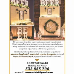 Mobilny bar piwny z drewnianymi elementami dekoracyjnymi i napisem 'BEER' w Rzeszowie, idealny na imprezy okolicznościowe.