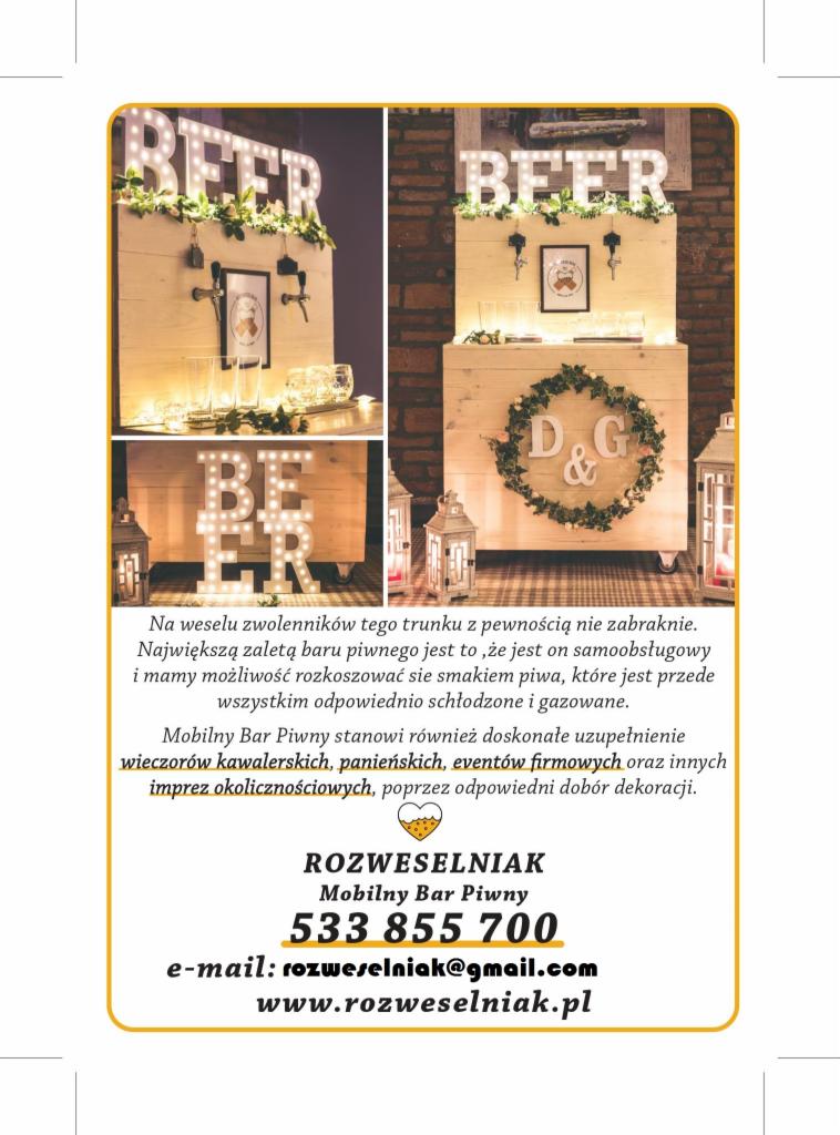 Mobilny bar piwny z drewnianymi elementami dekoracyjnymi i napisem 'BEER' w Rzeszowie, idealny na imprezy okolicznościowe.