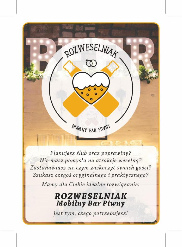 Plakat reklamowy mobilnego baru piwnego 'Rozweselniak' z logo przedstawiającym skrzyżowane butelki piwa i serce, na tle drewnianej ściany z podświetlanym napisem 'BAR'.