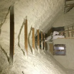 Poddasze w trakcie izolacji: aplikacja pianki na ściany i krokwie, pracownik w kombinezonie na rusztowaniu, okna zabezpieczone folią.