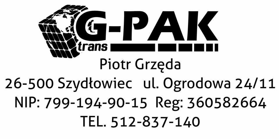 Logo firmy transportowej G-PAK trans Piotr Grzęda z siedzibą w Szydłowcu, zawierające stylizowaną kulę ziemską w formie kostki i dane kontaktowe.