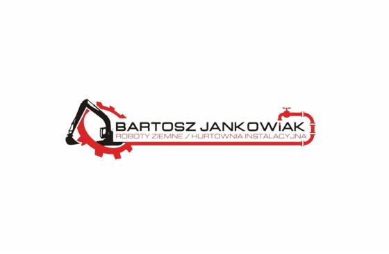 Logo firmy Bartosz Jankowiak specjalizującej się w robotach ziemnych i hurtowni instalacyjnej, z graficznym przedstawieniem koparki i rur, utrzymane w kolorystyce czarno-czerwonej na białym tle.