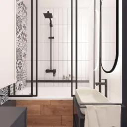 Wizualizacja łazienki: kabina prysznicowa z czarnymi ramami, białe pionowe płytki, umywalka z kamienia, okrągłe podświetlane lustro, drewniana obudowa wanny i wzorzysta podłoga.