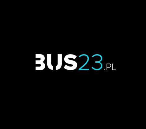 Logo firmy przewozowej BUS23.pl w kolorach białym i błękitnym na czarnym tle.