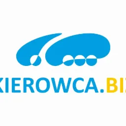 Niebieskie logo z abstrakcyjnym symbolem przypominającym ślad opony i napisem KIEROWCA.BIZ, gdzie .BIZ jest w kolorze żółtym.