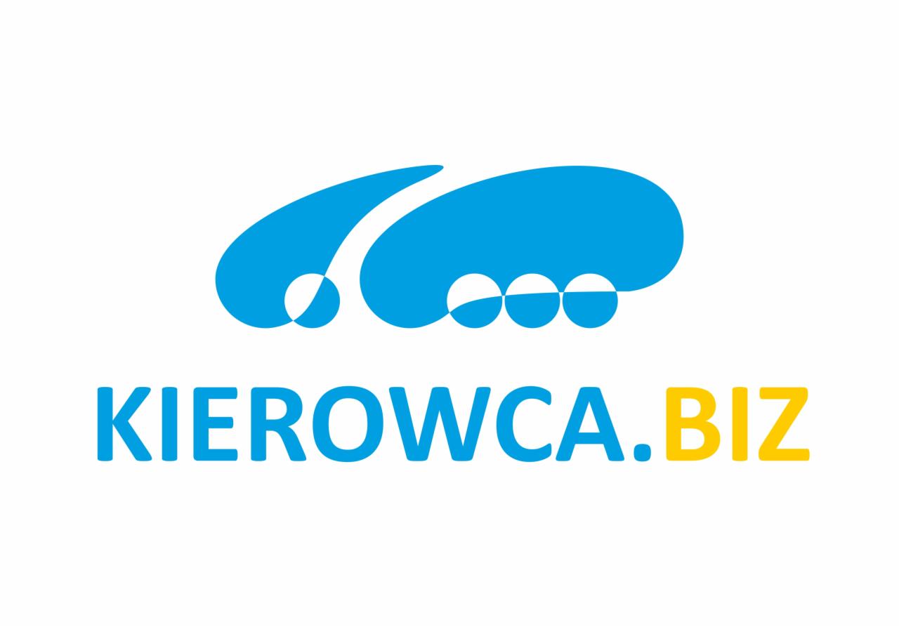 Niebieskie logo z abstrakcyjnym symbolem przypominającym ślad opony i napisem KIEROWCA.BIZ, gdzie .BIZ jest w kolorze żółtym.
