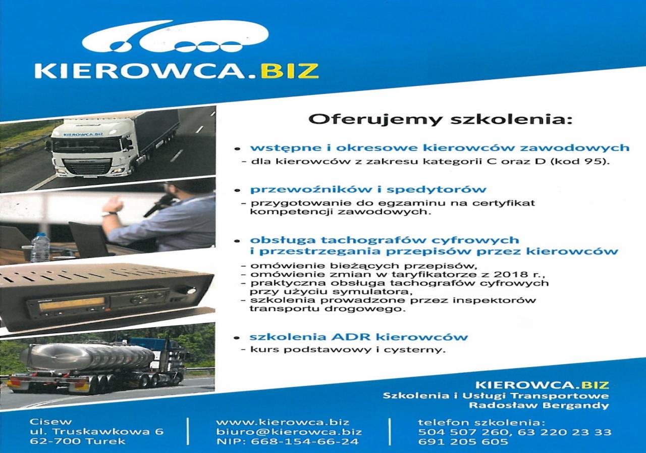 Ulotka reklamowa firmy Kierowca.biz oferującej szkolenia dla kierowców zawodowych, przewoźników, spedytorów, z obsługi tachografów cyfrowych i ADR, z ilustracjami ciężarówki, autobusu i tachografu.