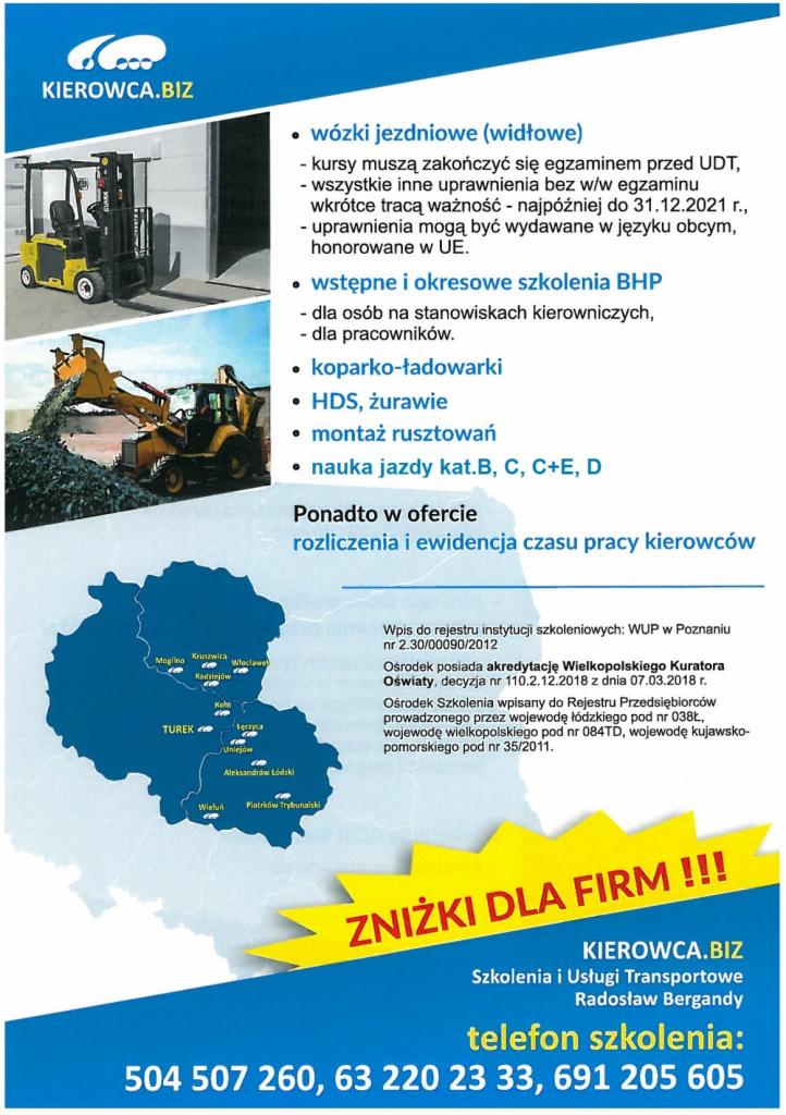 Reklama kursów na wózki widłowe, koparko-ładowarki oraz szkolenia BHP, z mapą lokalizacji ośrodka szkoleniowego i danymi kontaktowymi.