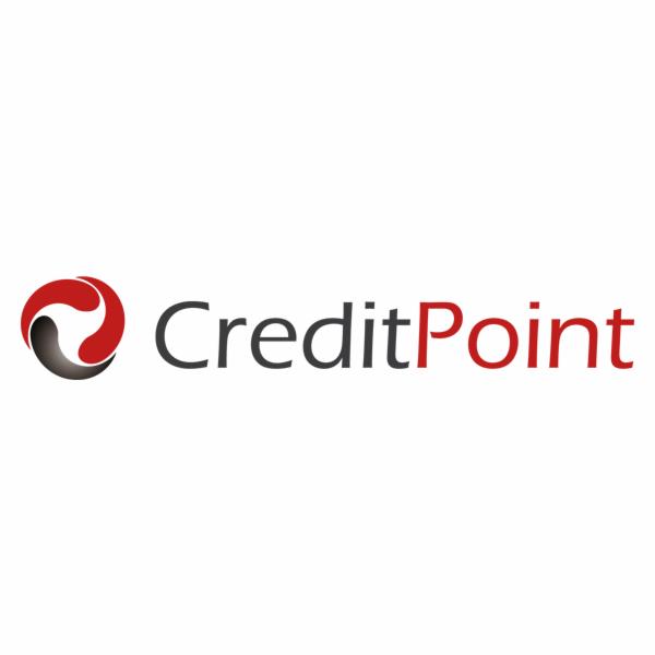 Logo firmy CreditPoint: abstrakcyjny czerwono-szary symbol po lewej, nazwa firmy w kolorze szarym i czerwonym po prawej.