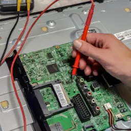 Pomiar napięcia na płycie głównej telewizora za pomocą multimetru, widoczne przewody pomiarowe i fragment obudowy telewizora.