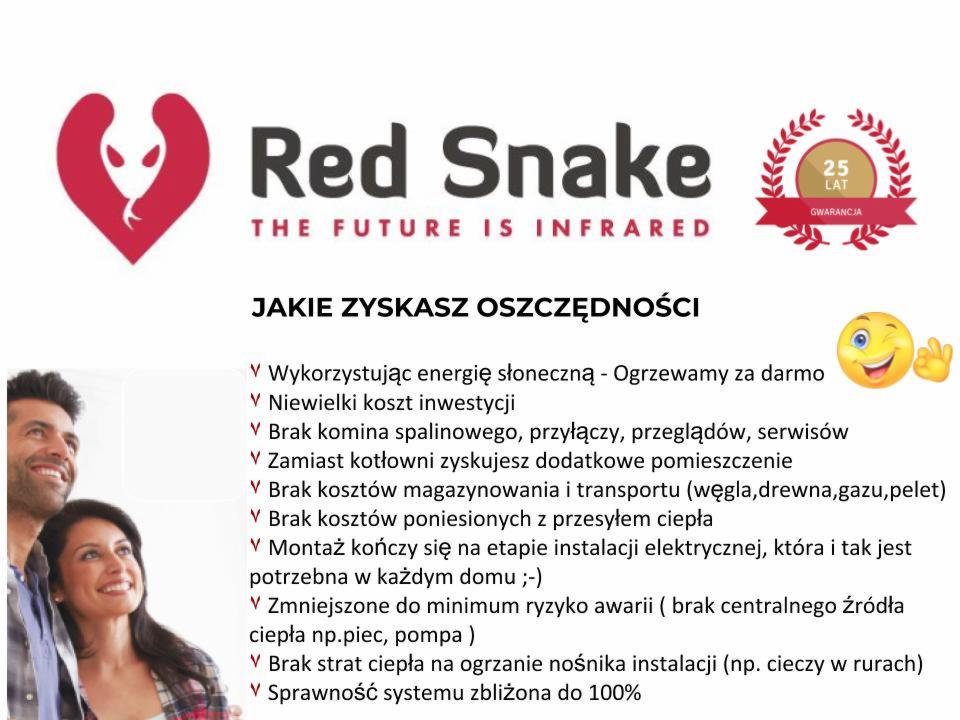 Grafika reklamowa Red Snake prezentująca korzyści z ogrzewania na podczerwień, z logo firmy w kształcie czerwonego węża w sercu, hasłem 'The Future is Infrared', informacją o 25-letniej gwarancji...