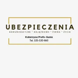 Logo firmy ubezpieczeniowej Katarzyna Profic-Gunia z numerem telefonu 535-530-860, oferującej ubezpieczenia komunikacyjne, majątkowe, firmowe i na życie, w złotej ramce na białym tle.