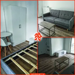 Kolaż przedstawiający fragmenty wykończonego mieszkania: szafa w rogu z małym stolikiem i krzesłem, rama łóżka z drewnianym stelażem, szara sofa z drewnianymi nóżkami i stolik kawowy oraz szafka...