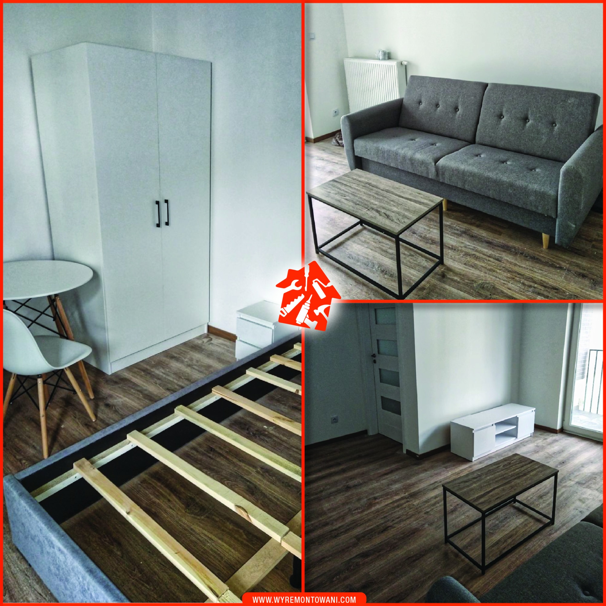 Kolaż przedstawiający fragmenty wykończonego mieszkania: szafa w rogu z małym stolikiem i krzesłem, rama łóżka z drewnianym stelażem, szara sofa z drewnianymi nóżkami i stolik kawowy oraz szafka...