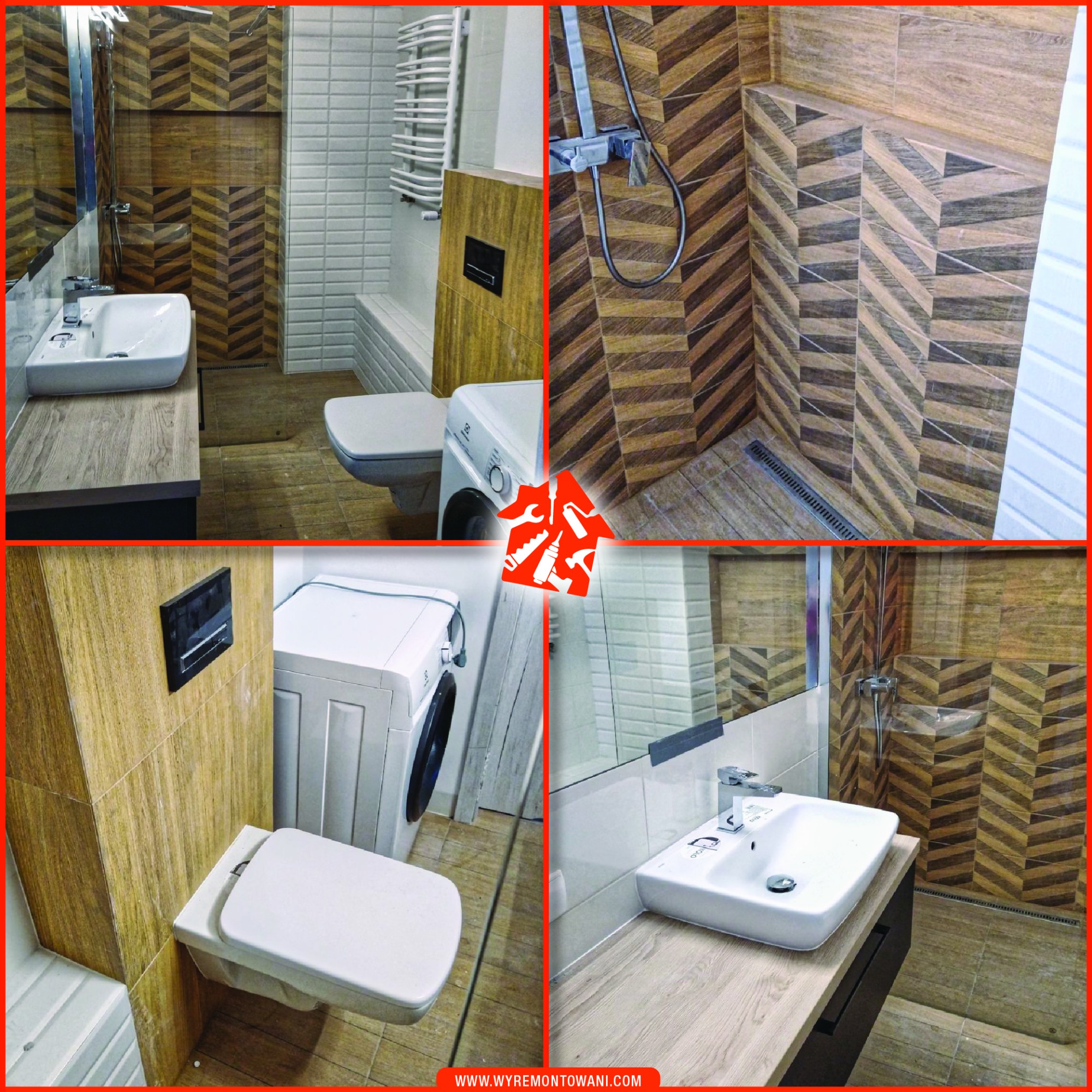 Kolaż zdjęć przedstawiający wykończoną łazienkę z brązowo-białymi płytkami ułożonymi w jodełkę, białą umywalką na blacie imitującym drewno, toaletą podwieszaną oraz pralką.