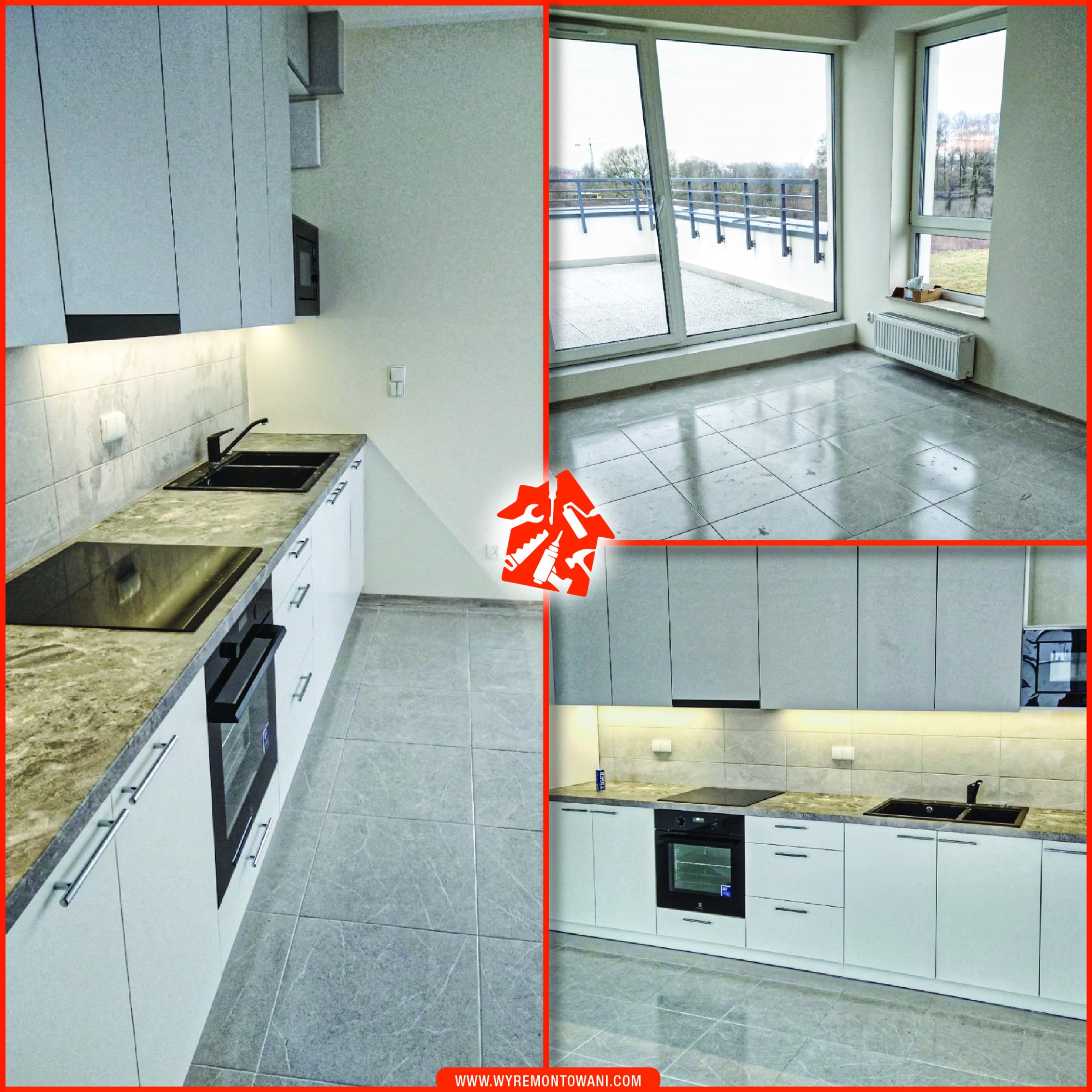 Nowoczesna kuchnia z białymi szafkami, marmurowym blatem i szarymi płytkami podłogowymi, widok na balkon z dużymi oknami.