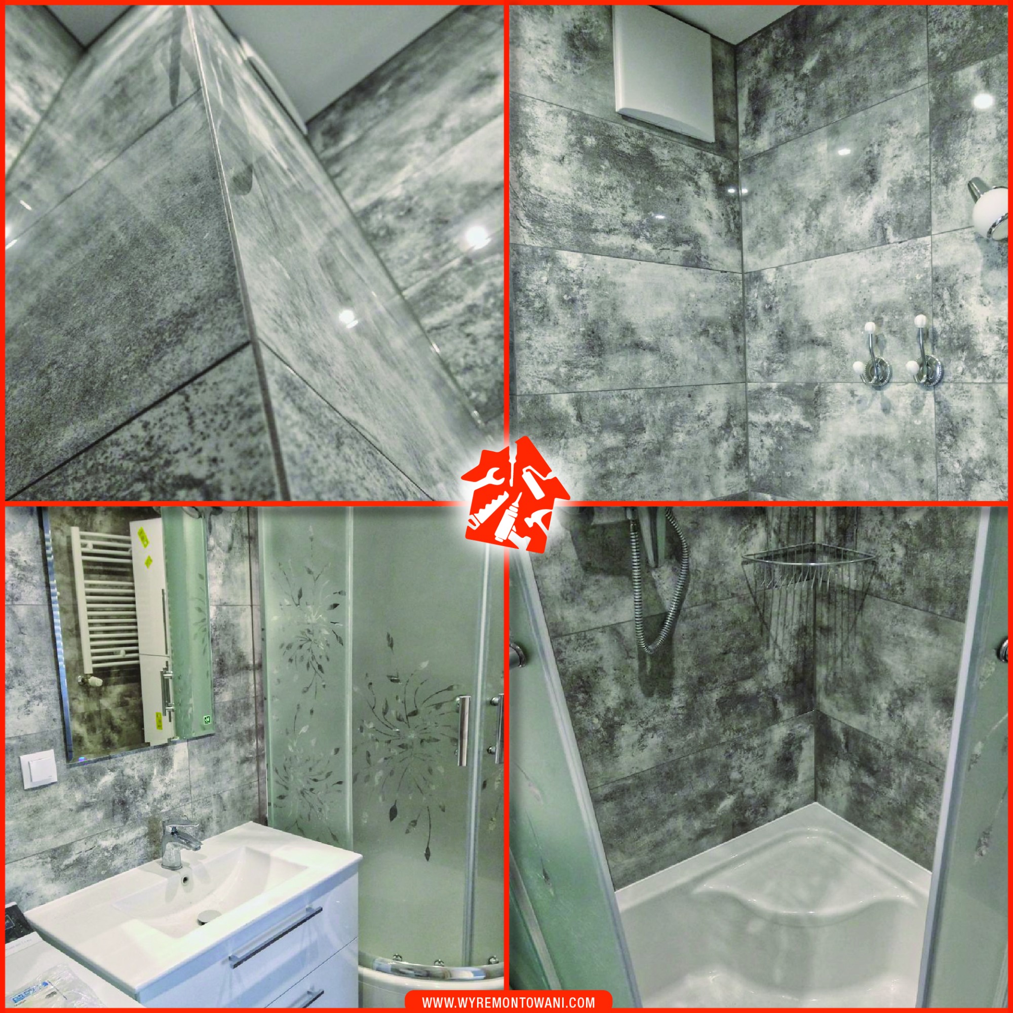 Mozaika czterech ujęć wykończonej łazienki: detale płytek imitujących beton, kabina prysznicowa z matową szybą z motywem roślinnym, umywalka z szafką i grzejnik drabinkowy.