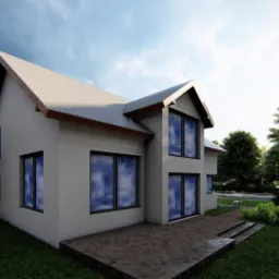 Wizualizacja domu jednorodzinnego z szarą elewacją, dwuspadowym dachem i dużymi oknami, otoczonego zielenią i z wybrukowanym tarasem.