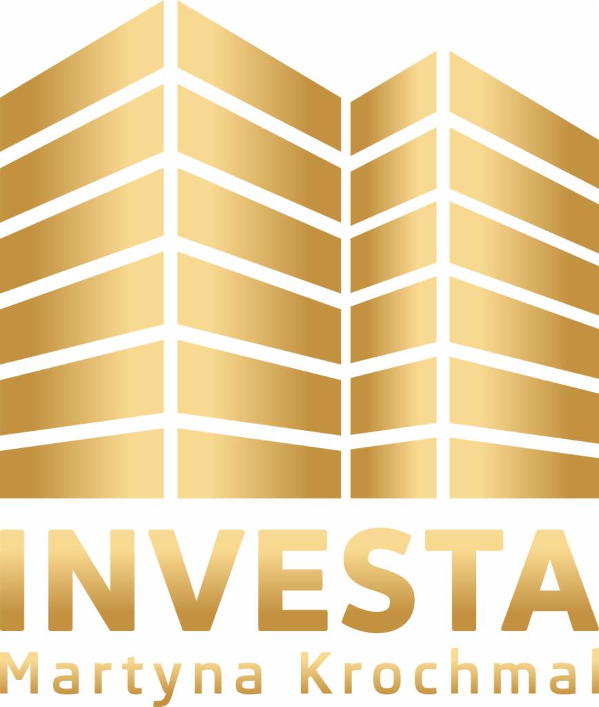Złote logo firmy INVESta Martyna Krochmal przedstawiające abstrakcyjny budynek z poziomych pasów, symbolizujące inwestycje.