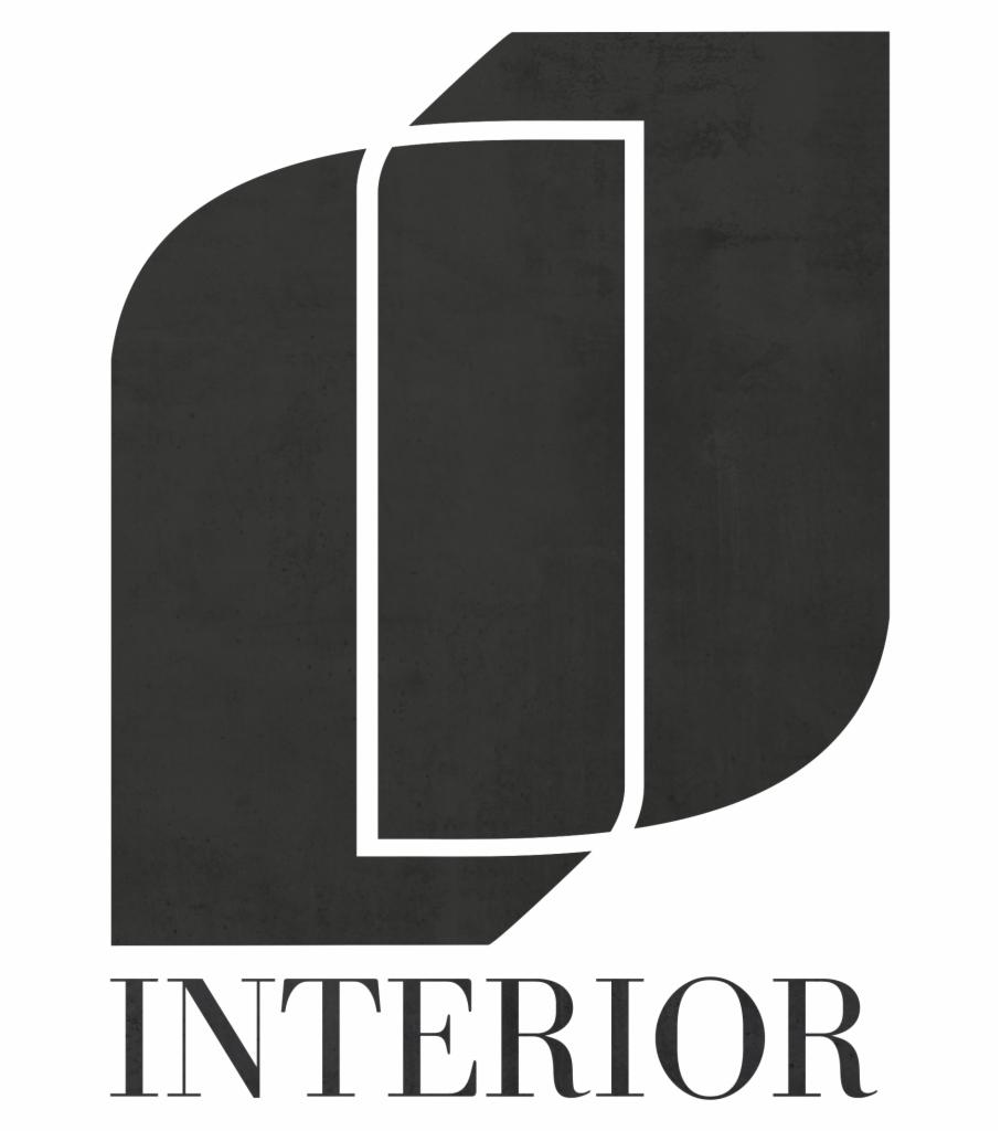 Abstrakcyjne, minimalistyczne logo firmy wnętrzarskiej, przedstawiające geometryczne kształty w odcieniach szarości i bieli, z napisem 'INTERIOR' u dołu.