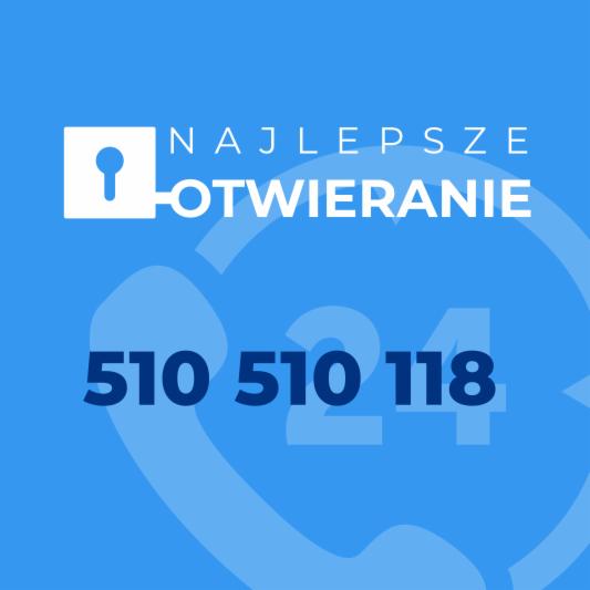 Grafika reklamowa: Najlepsze otwieranie, numer telefonu 510 510 118, ikona klucza na niebieskim tle z motywem telefonu.