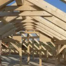 Surowa drewniana konstrukcja dachu z widocznymi krokwiami i słupami, częściowo wzniesiona na murze z czerwonej cegły, na tle błękitnego nieba.