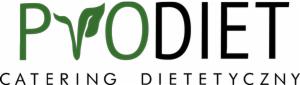 Logo firmy Pyodiet Catering Dietetyczny, zielono-czarne litery z elementem liścia.