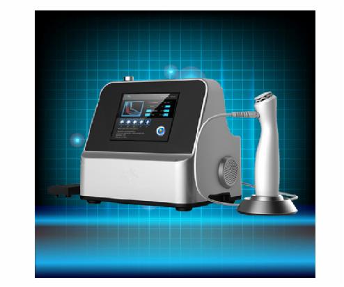 Nowoczesne urządzenie do zabiegów na ciało z dotykowym ekranem i ergonomiczną głowicą zabiegową, prezentowane na tle z niebieską siatką.