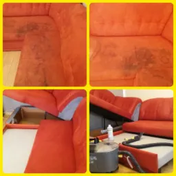 Pomarańczowa narożna kanapa z widocznymi plamami przed procesem czyszczenia, oraz sprzęt do ekstrakcyjnego czyszczenia tapicerki w trakcie przygotowań.
